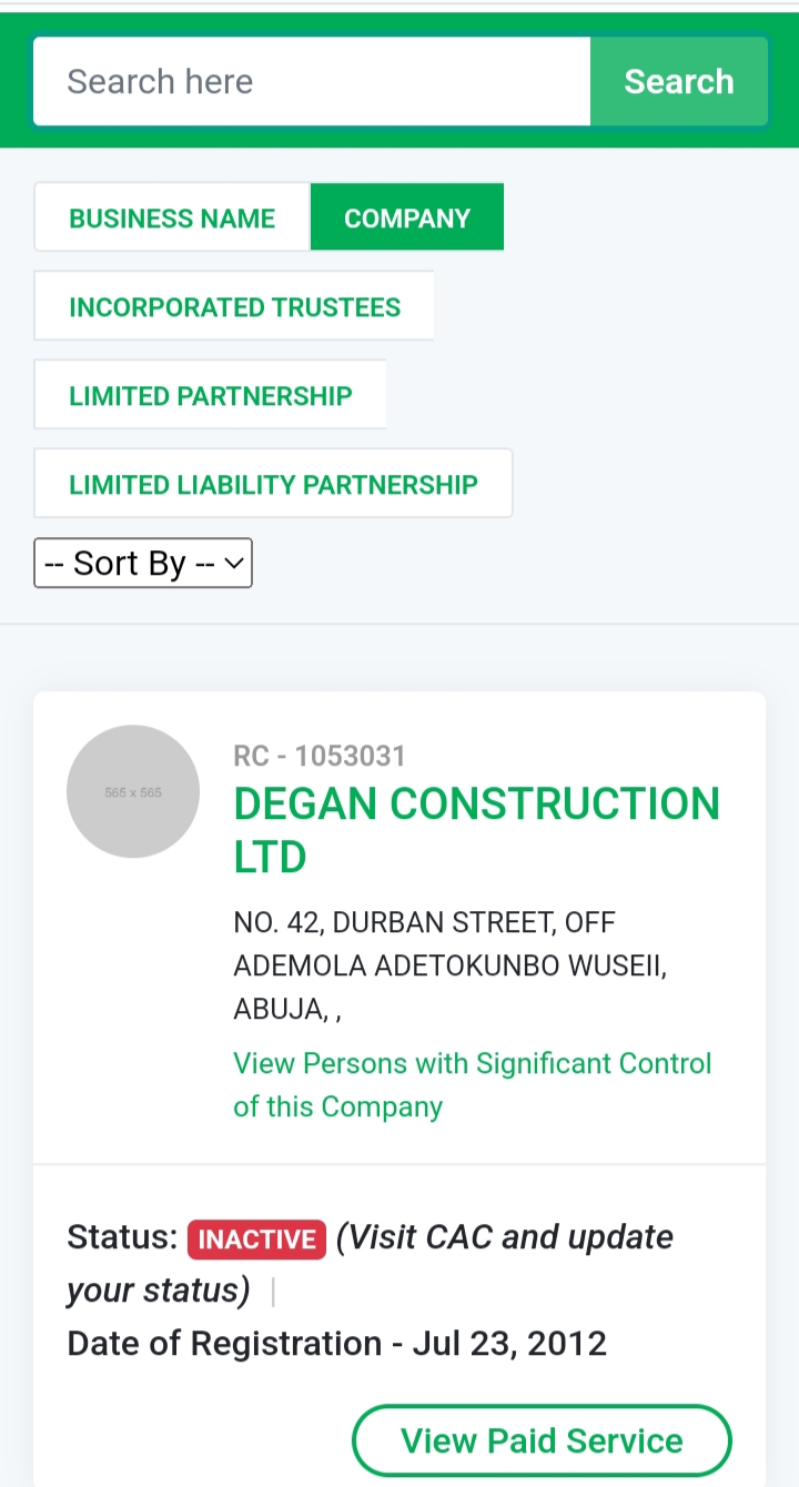 A screenshot of the company on the CAC portal
