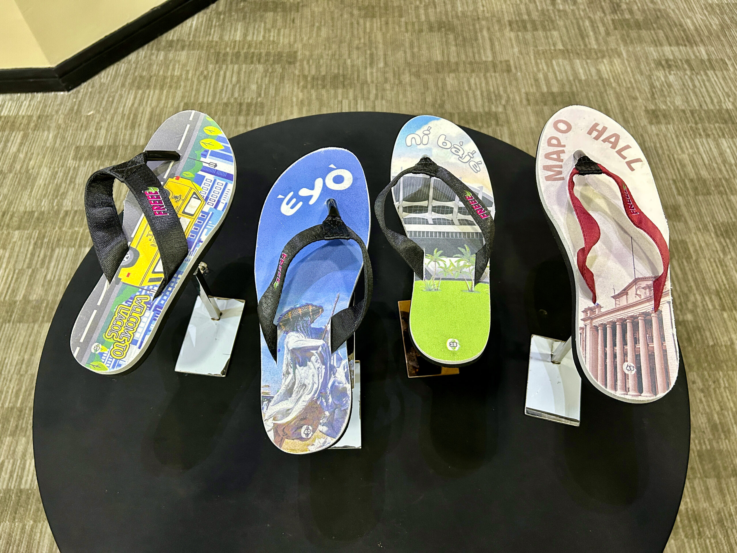 Flip-flops made from recycled tyres on display at a promotional event organised by Freee Recylce Ltd. Lagos, Nigeria. 27 March 2024.