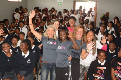 Running greats Mary Keitany and Elana van Zyl with Rhonda Vetere Nolene Conrad and the Achieve Team at Makupula Secondary School in Kayamandi Stellenbosch Photo Stephen Granger
