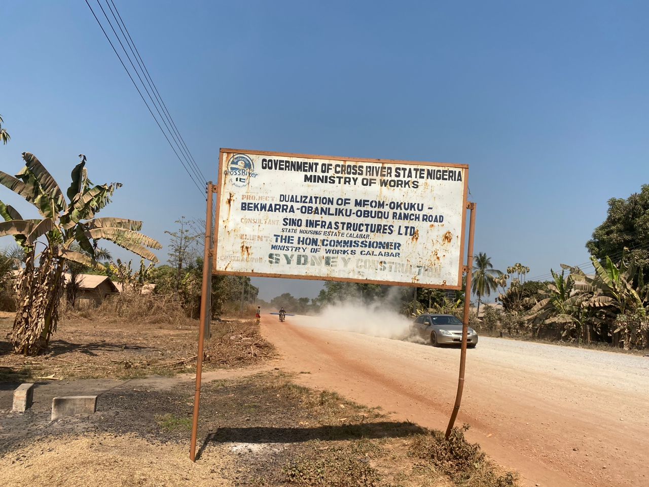 A sign post of the construction work placed at Mbok Junction, in Ogoja, Cross River State