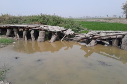 This wooden bridge was constructed to help people pass on foot. It has collapsed recently and needs to be repaired before the rainy season returns. Photo credit: Yahuza Bawage for Prime Progress.