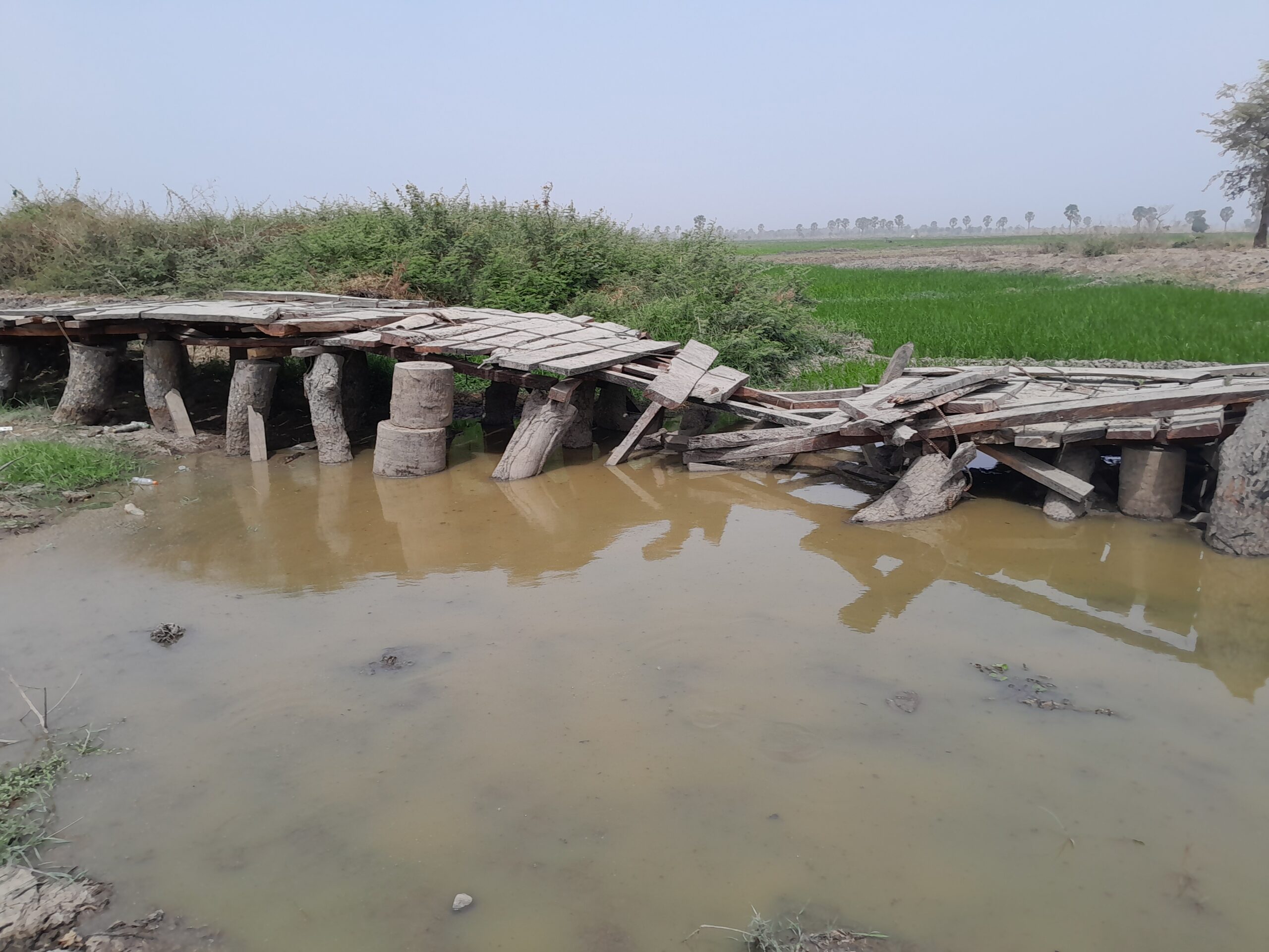 This wooden bridge was constructed to help people pass on foot. It has collapsed recently and needs to be repaired before the rainy season returns. Photo credit: Yahuza Bawage for Prime Progress.