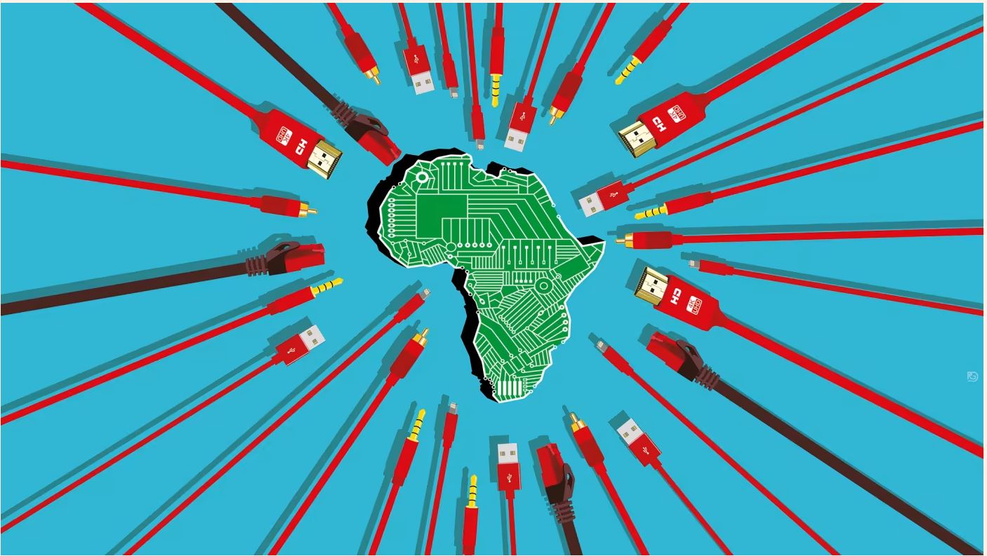 A round mass of cords connecting to the map of Africa.