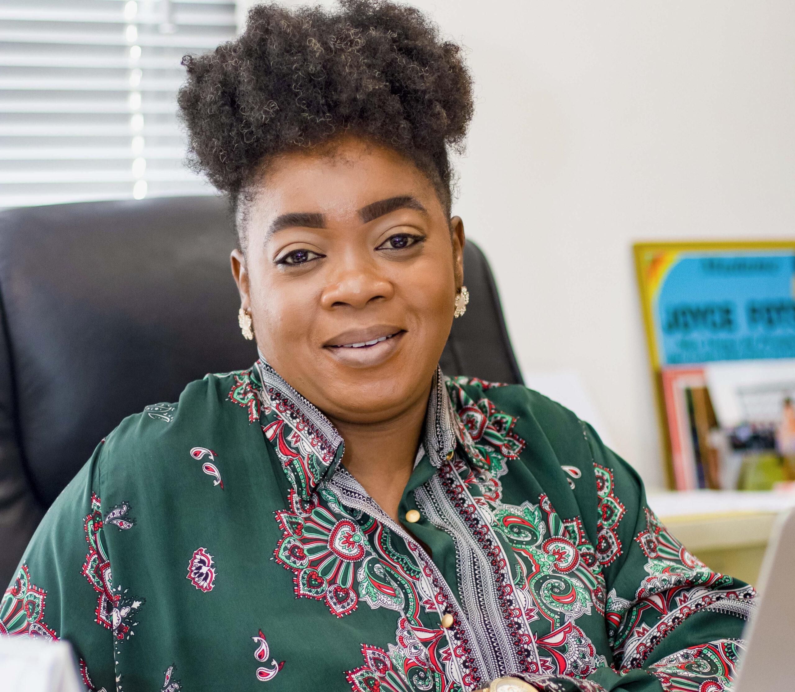 Cameroonian TV host Jocelyne Fotso posing for a picture in her office in Douala, Cameroon. Photo credit: Bird story agency