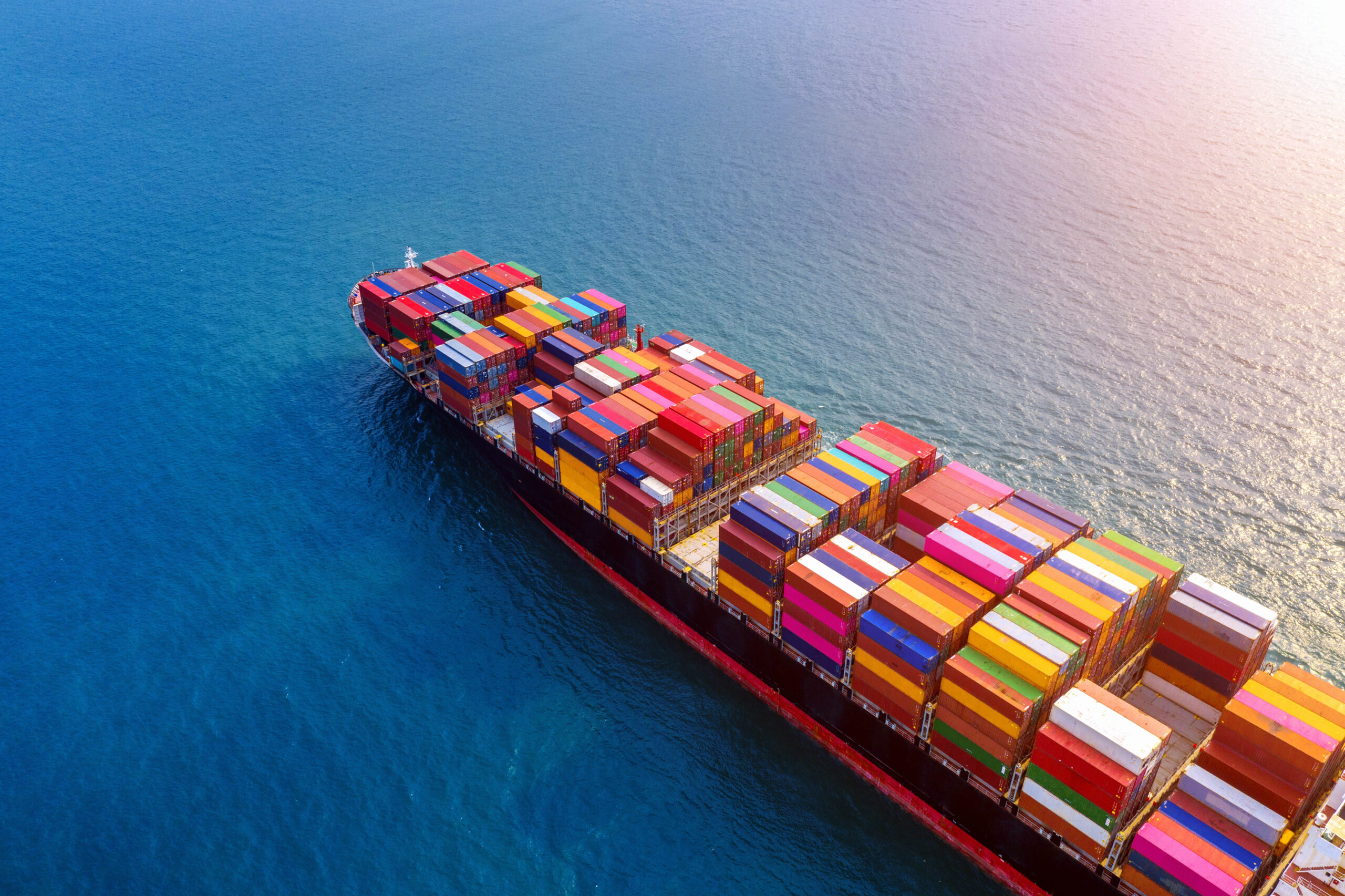 Aerial view of a container cargo ship at sea. Photo credit: Bird story agency