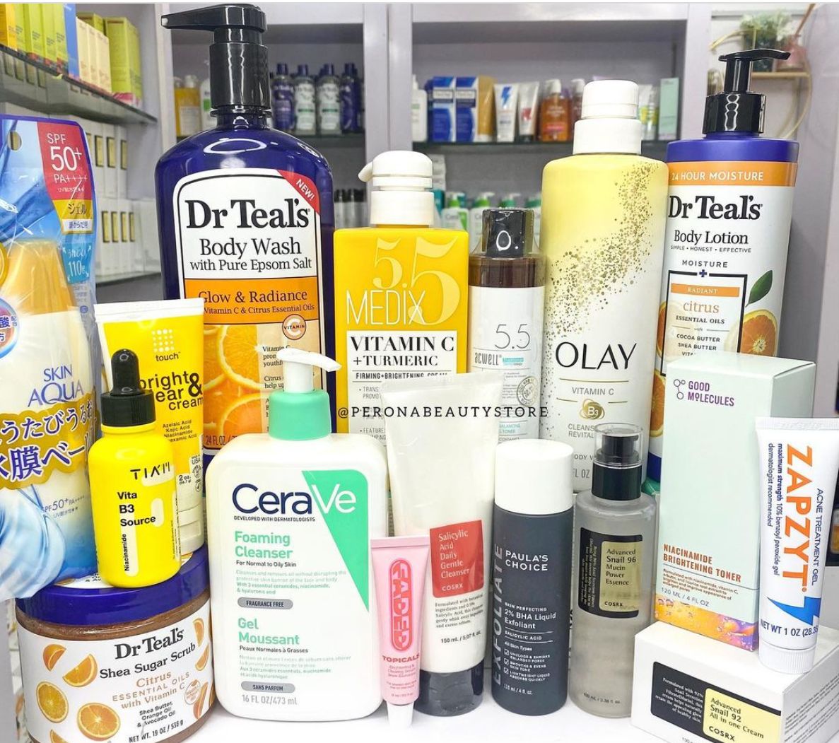 An array of skincare products. Photo credit: Perona