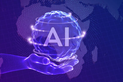 AI. Artificial Intelligence Logo in hand. Artificial Intelligence and Machine Learning Concept. Sphere grid wave with binary code. Big data innovation technology. Neural networks. Vector illustration.