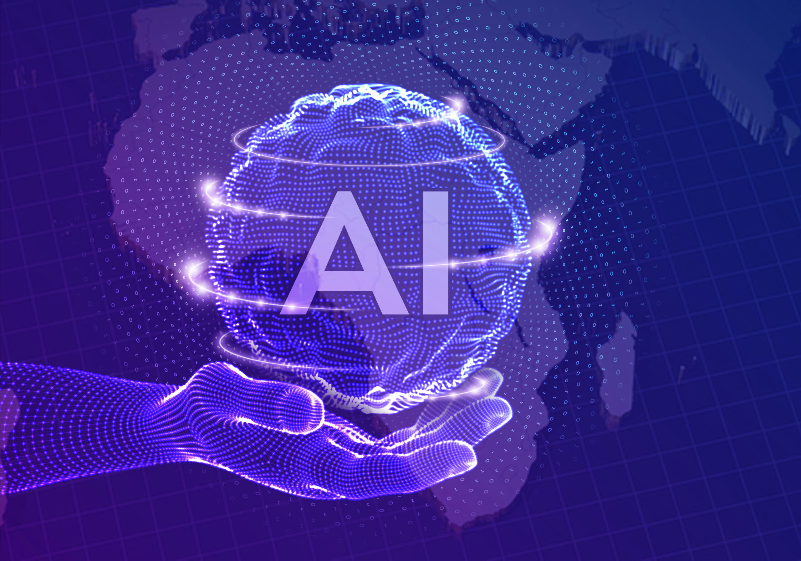 AI. Artificial Intelligence Logo in hand. Artificial Intelligence and Machine Learning Concept. Sphere grid wave with binary code. Big data innovation technology. Neural networks. Vector illustration.