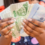 A woman sampling high-currency Naira notes. Photo credit: Piggyvest