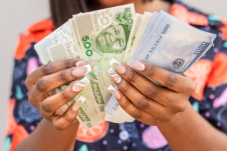 A woman sampling high-currency Naira notes. Photo credit: Piggyvest