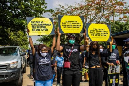 Nigerian protestors demand an urgent government response to reports of sexual violence and femicide during the Covid-19 lockdown. The June 2020 protests were led by the State of Emergency GBV Coalition.« picture: Tobi Tej x Stand to End Rape Initiative, courtesy of Oluwaseun Ayodeji Osowobi.