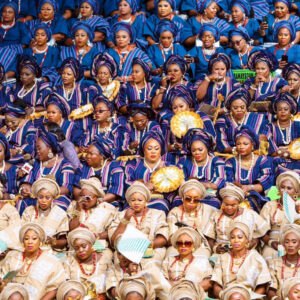 Row of Nigerian women in varying aso ebi at the 2024 Ojude Oba ceremony