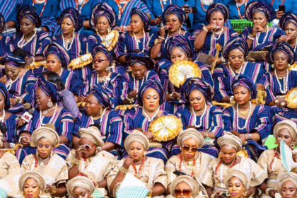 Row of Nigerian women in varying aso ebi at the 2024 Ojude Oba ceremony