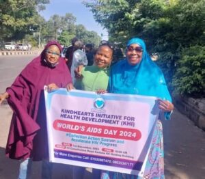 From right: Hajiya Aisha Usman and two women during a rally to mark 2024 World Aid Day in Kaduna