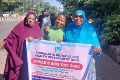 From right: Hajiya Aisha Usman and two women during a rally to mark 2024 World Aid Day in Kaduna