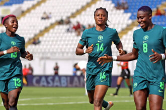 Asisat Oshoala along with other Super Falcones players celebrating a goal during their WAFCON opener. Photo courtesy: CAF