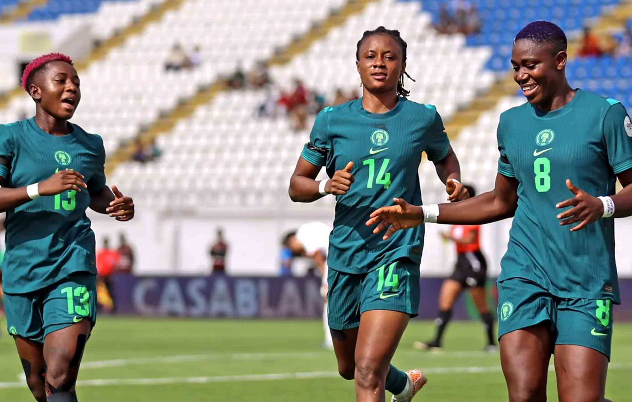 Asisat Oshoala along with other Super Falcones players celebrating a goal during their WAFCON opener. Photo courtesy: CAF
