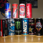 A stack of energy drinks