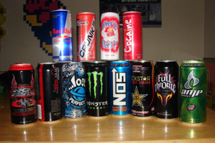A stack of energy drinks