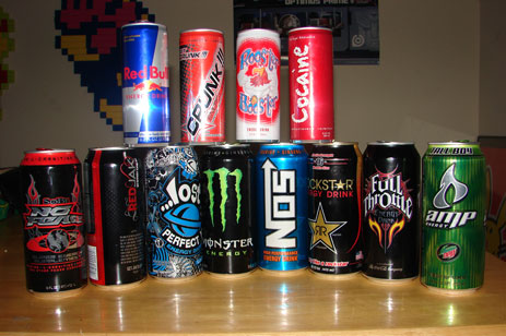 A stack of energy drinks