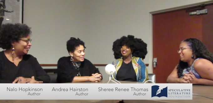 L-R: Hopkinson, Hairston, Thomas and Mohanraj. Credit: Speculative Literature Foundation