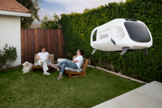 A Zipline drone delivering a Chipotle order to a backyard. Photo courtesy: Zipline