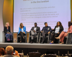Dr Yemisi Akinbobola, award-winning journalist, academic, consultant and co-founder of African Women in Media (AWiM) in a panel during a Conference. Photograph: Courtesy of AWIM
