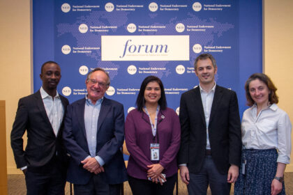 L-R: Joshua Olufemi, Martin Krygier, Elsa D’Silva, Agon Maliqi, Vera Gogokhia. Photograph: Courtesy of NED