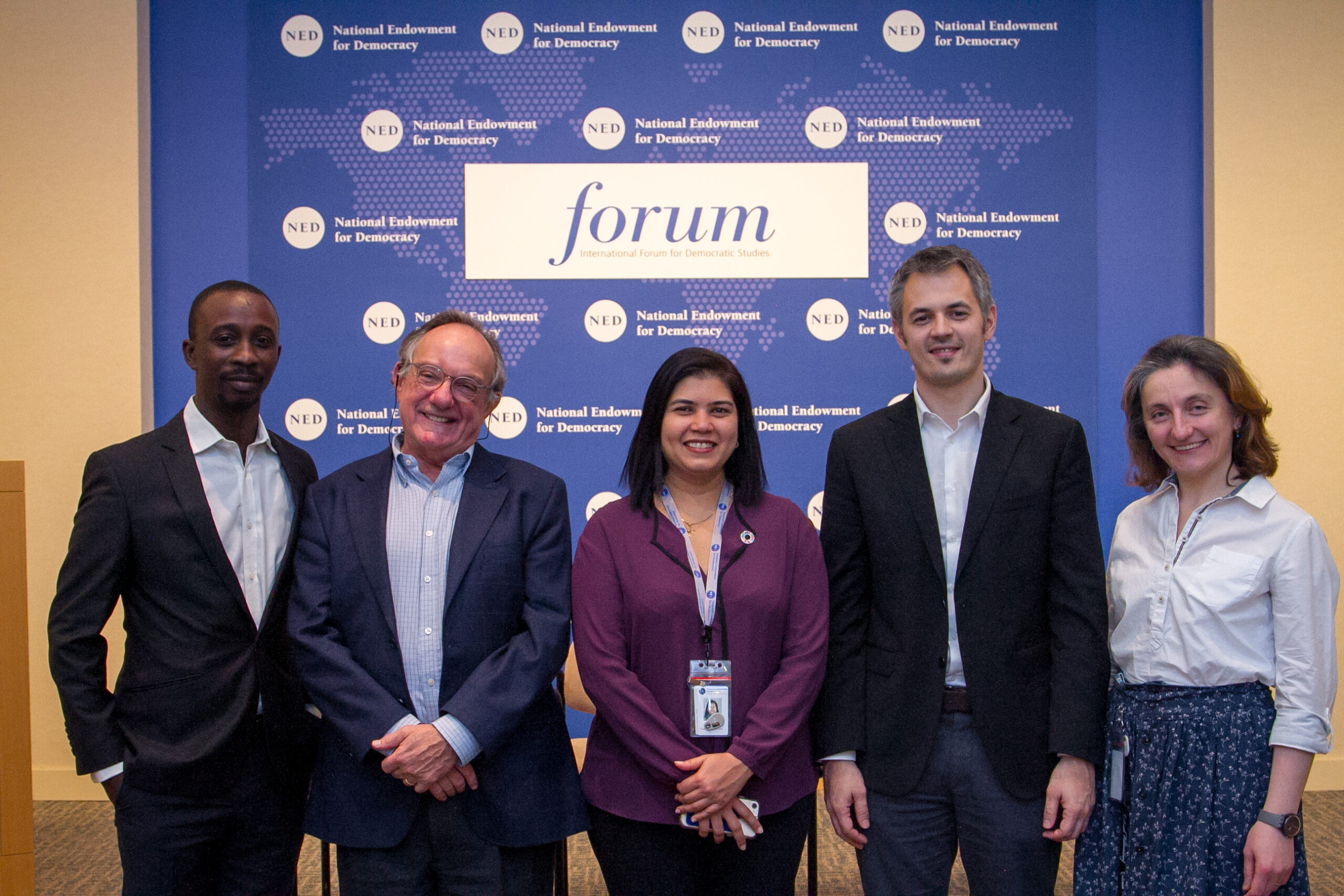 L-R: Joshua Olufemi, Martin Krygier, Elsa D’Silva, Agon Maliqi, Vera Gogokhia. Photograph: Courtesy of NED