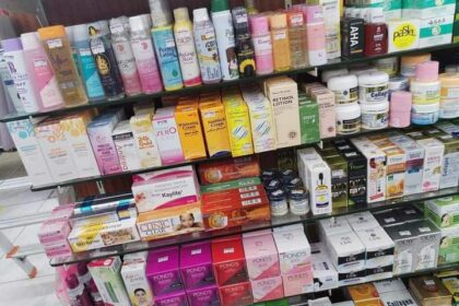 Cosmetics stacked on a shelf. Credit: web image