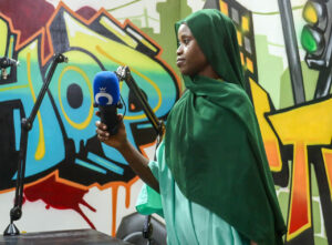Aïssatou Camara , communication manager at InfoElles and Director General of ONE NATION TV, in the studio as they prepare for "The Morning Nation" broadcast on September 26, 2025, in Dakar, Sene gal. Photo: Penda Thiam, bird Story Agency