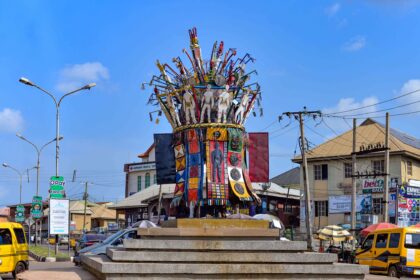 Cultural heritage: A sculpture of the Ijele Masquerade, a significant masked being in the Igbo culture at the Obiagu roundabout, a popular area of Enugu city, Nigeria on October, 22, 2025. Photo: Sam-Eze Chidera Ifeakanwa, bird story agency