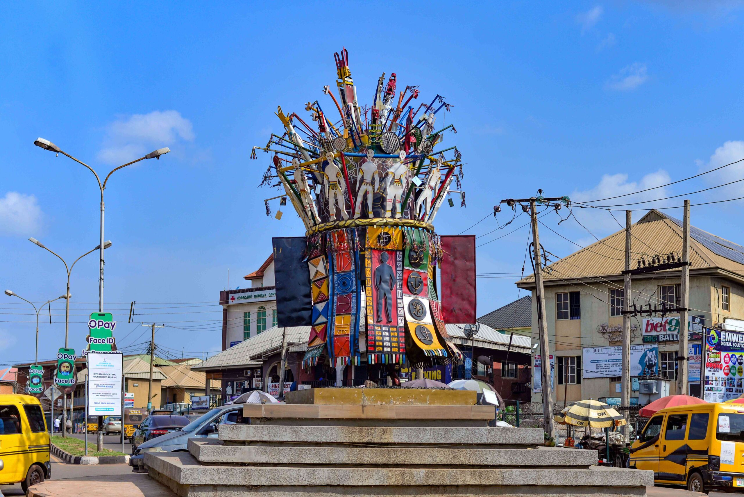 Cultural heritage: A sculpture of the Ijele Masquerade, a significant masked being in the Igbo culture at the Obiagu roundabout, a popular area of Enugu city, Nigeria on October, 22, 2025. Photo: Sam-Eze Chidera Ifeakanwa, bird story agency